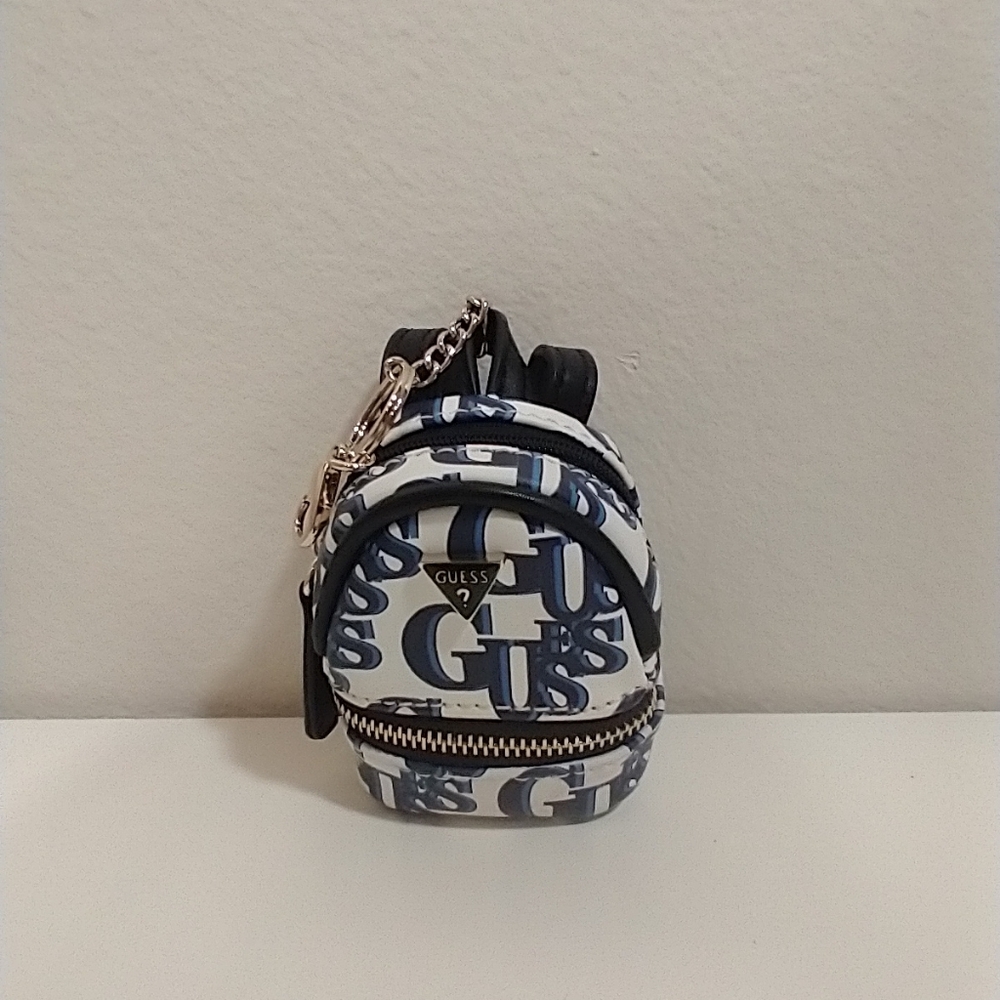 GUESS  Logo Mini Backpack. Keychain  or Charm. White, Blue and Blay Color